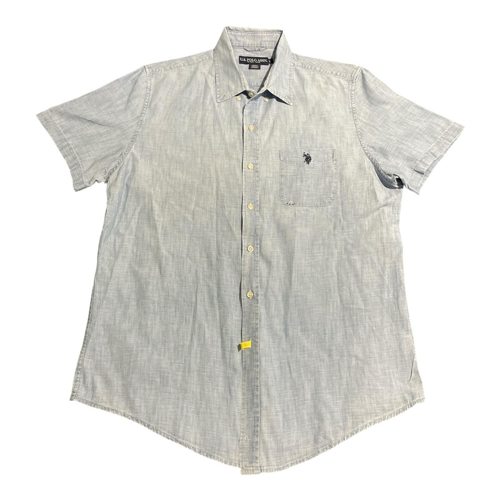 US‎ Polo Assn Button Down Shirt Mens L Blue Short Sleeve Pocket Chambray Style